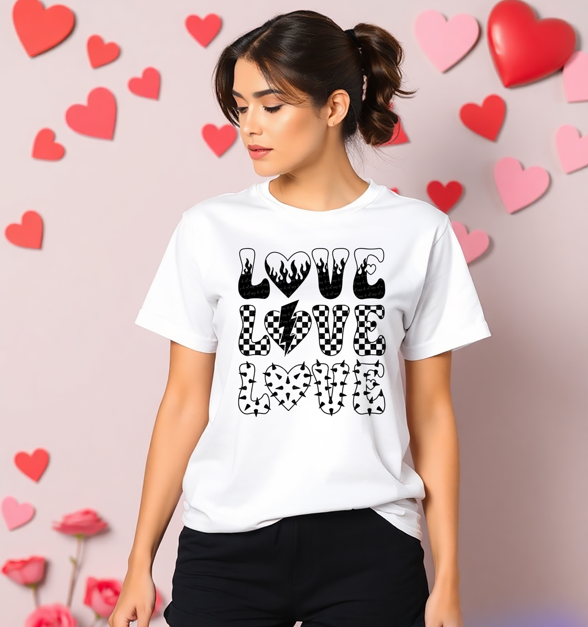 Love Stacked Checker Flame Spiked Hearts Black 81548 DTF Transfer