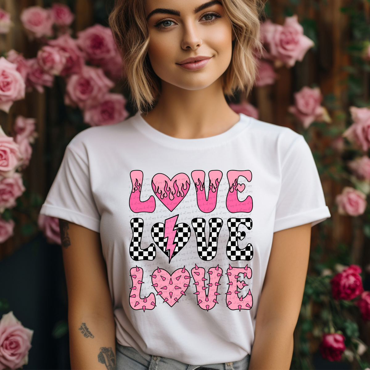 Love Stacked Checker Flame Spiked Hearts Pink 81549 DTF Transfer