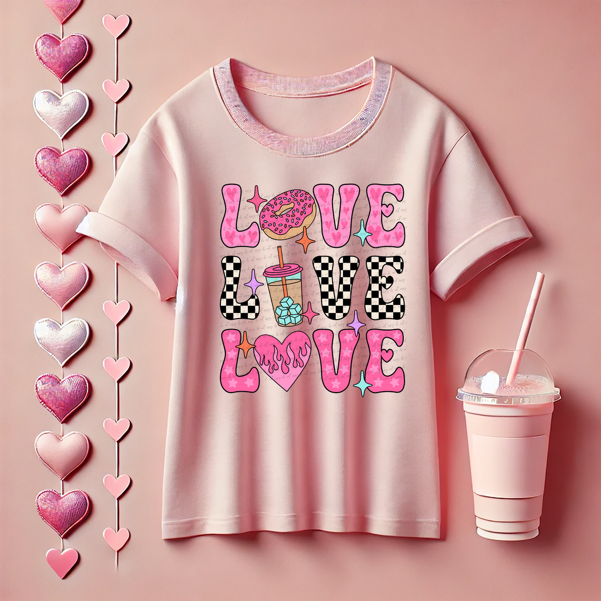 Love Stacked Donut Iced Coffee Checker 81550 DTF Transfer