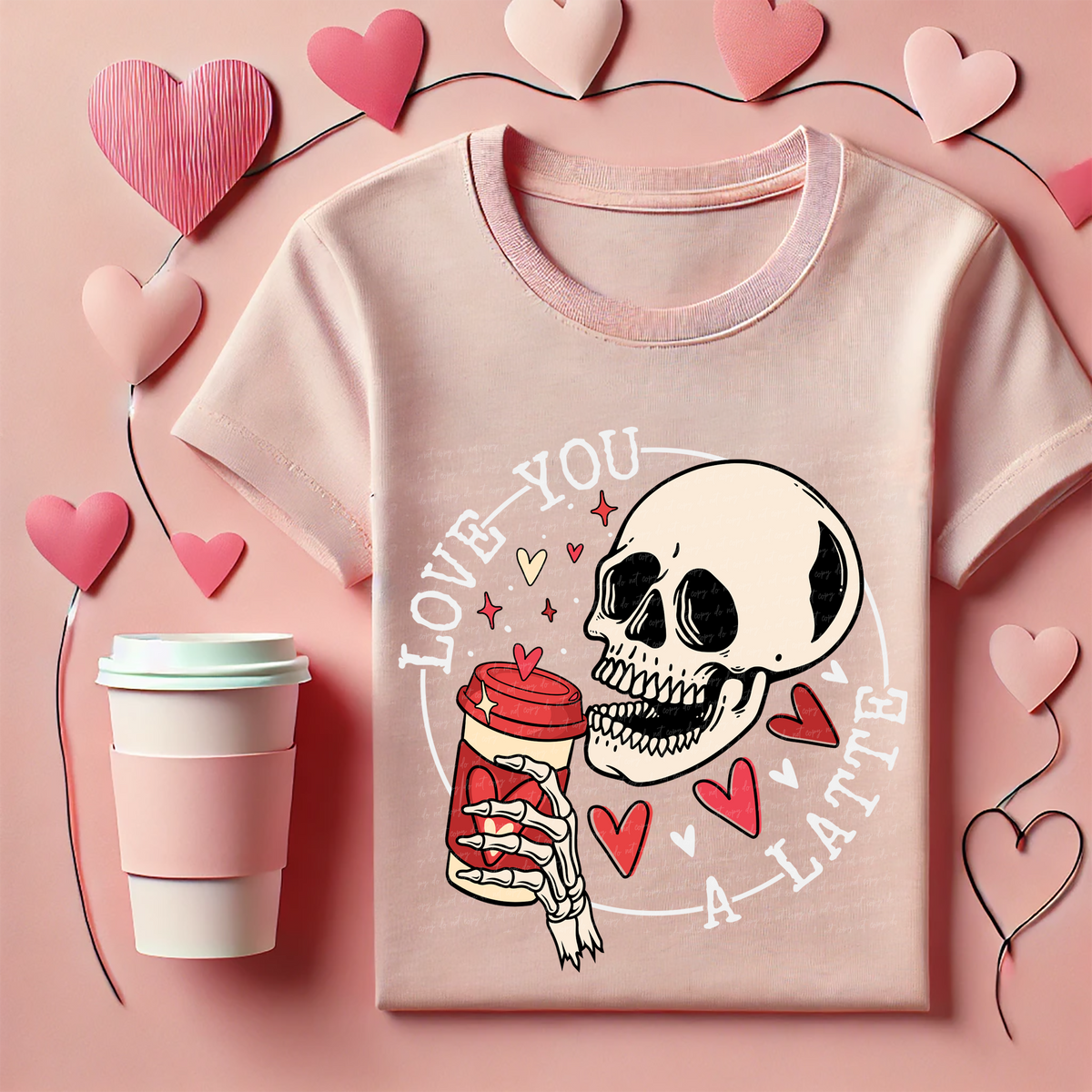 Love You A Latte Skull Circle Red White Font 81563 DTF Transfer