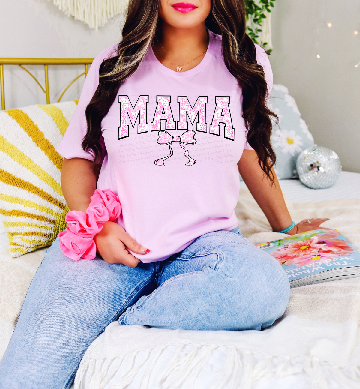 Mama With Bow Pink Flowers Black Outline 86164 DTF Transfer