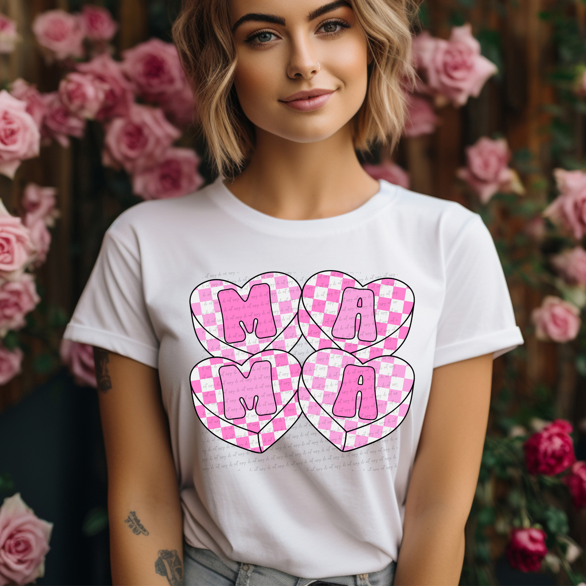 Mama Checker Hearts Pink 81576 DTF Transfer