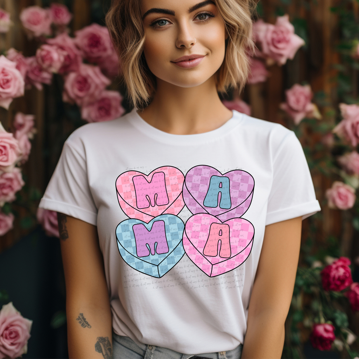 Mama Checker Hearts Pink Purple Blue 81575 DTF Transfer