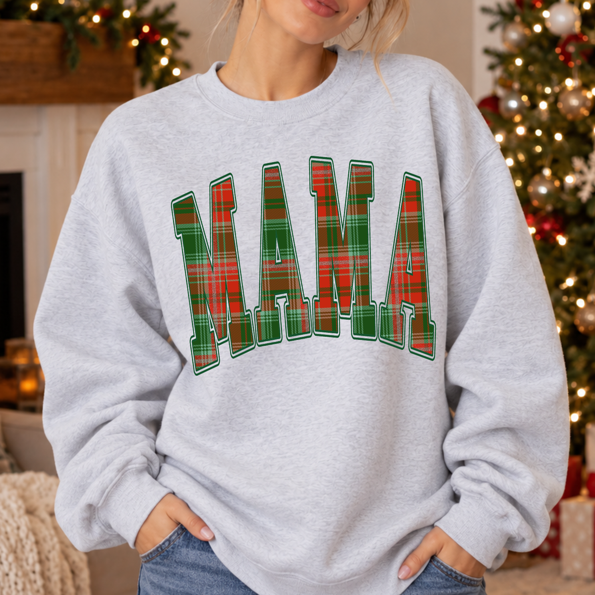 Mama red and green vintage plaid filled arched with green outline (Parker) DTF Transfer