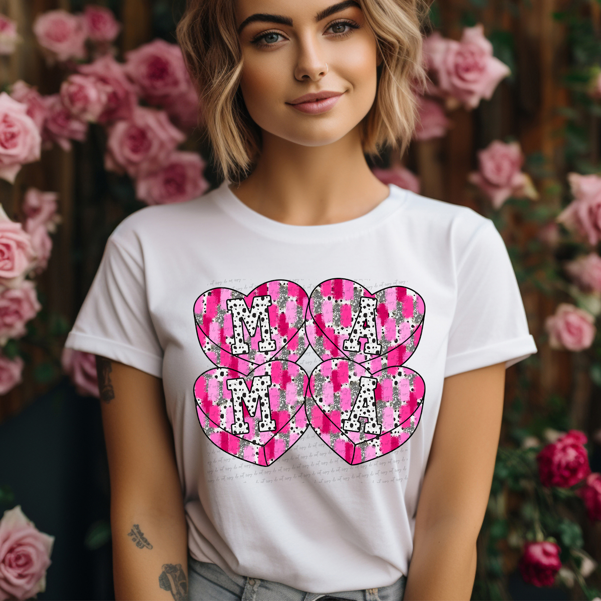 Mama Silver Pink Red Brushstroke Hearts 81588 DTF Transfer