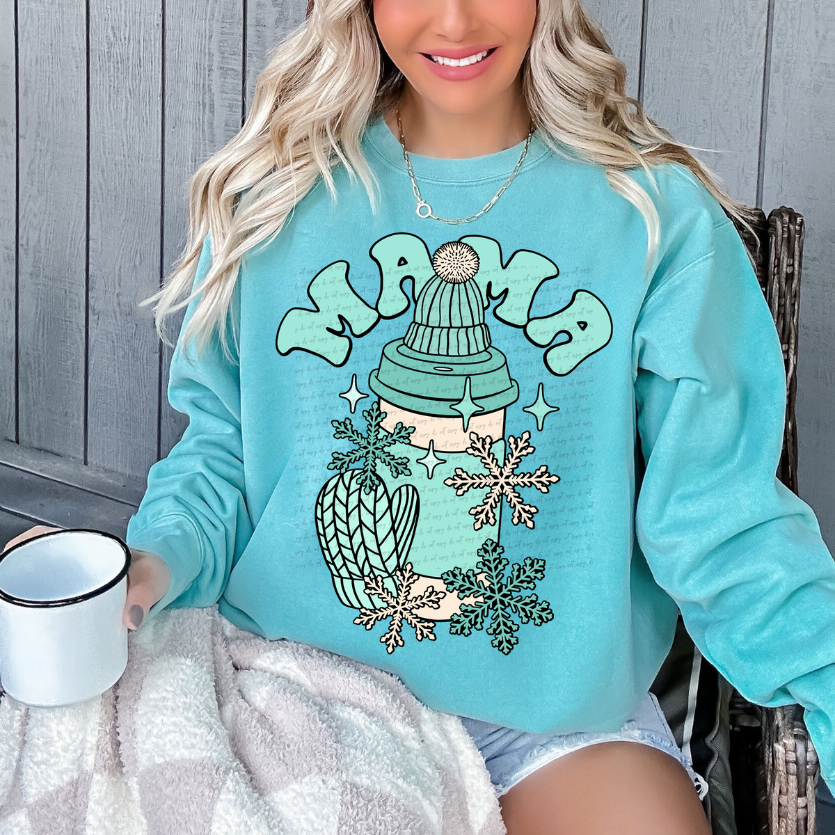 Mama Winter Coffee Blue Teal 81743 DTF Transfer