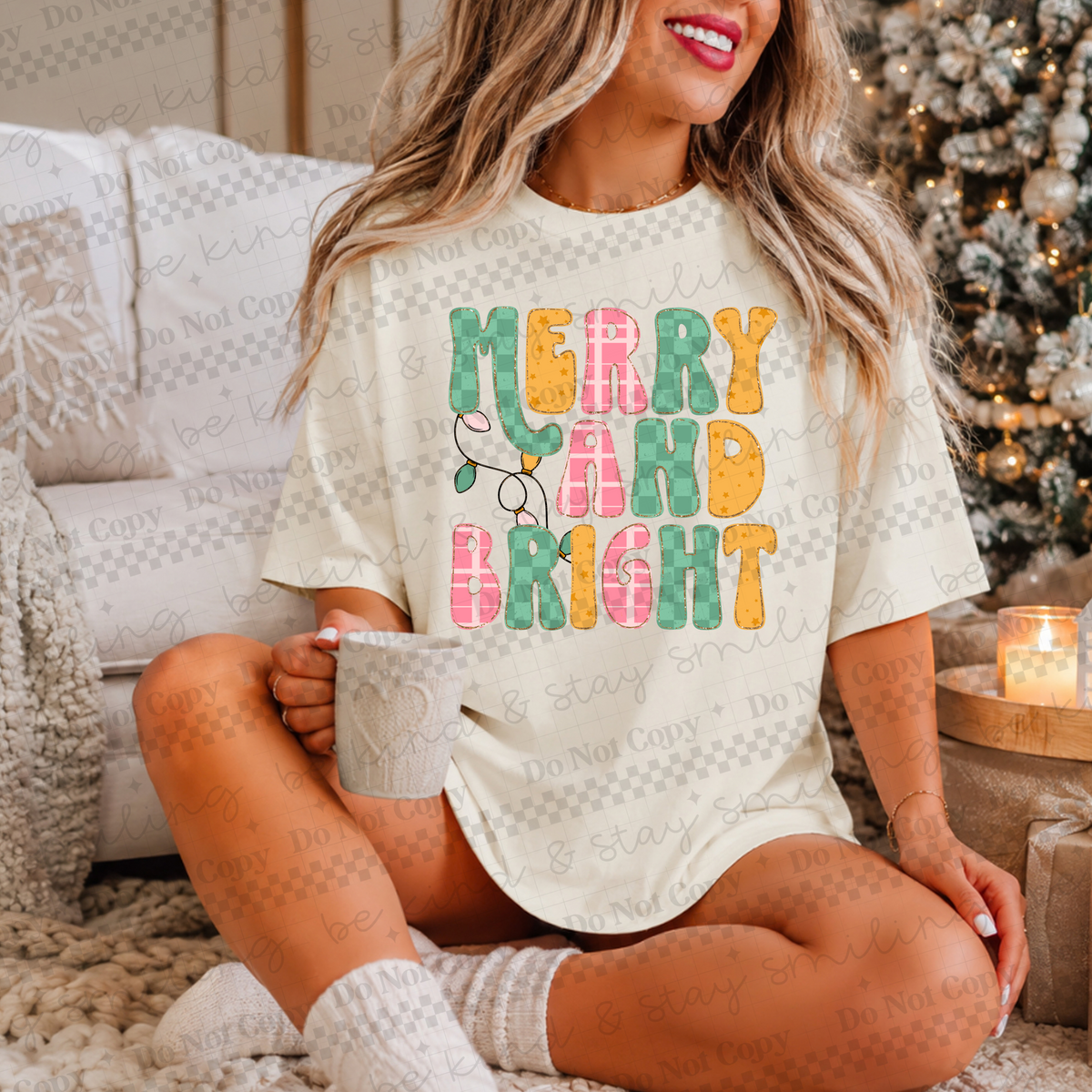 Merry and Bright-teal, yellow and pink color font (CMLD) DTF Transfer