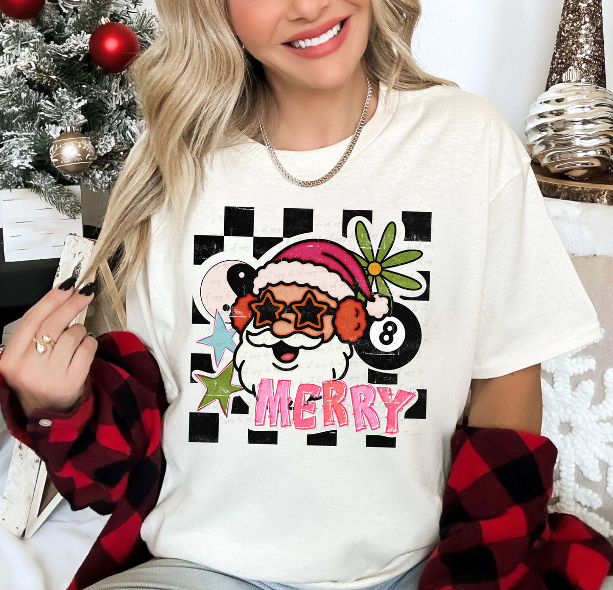 Merry Checkered Santa Floral 8 Ball 108752 DTF transfer