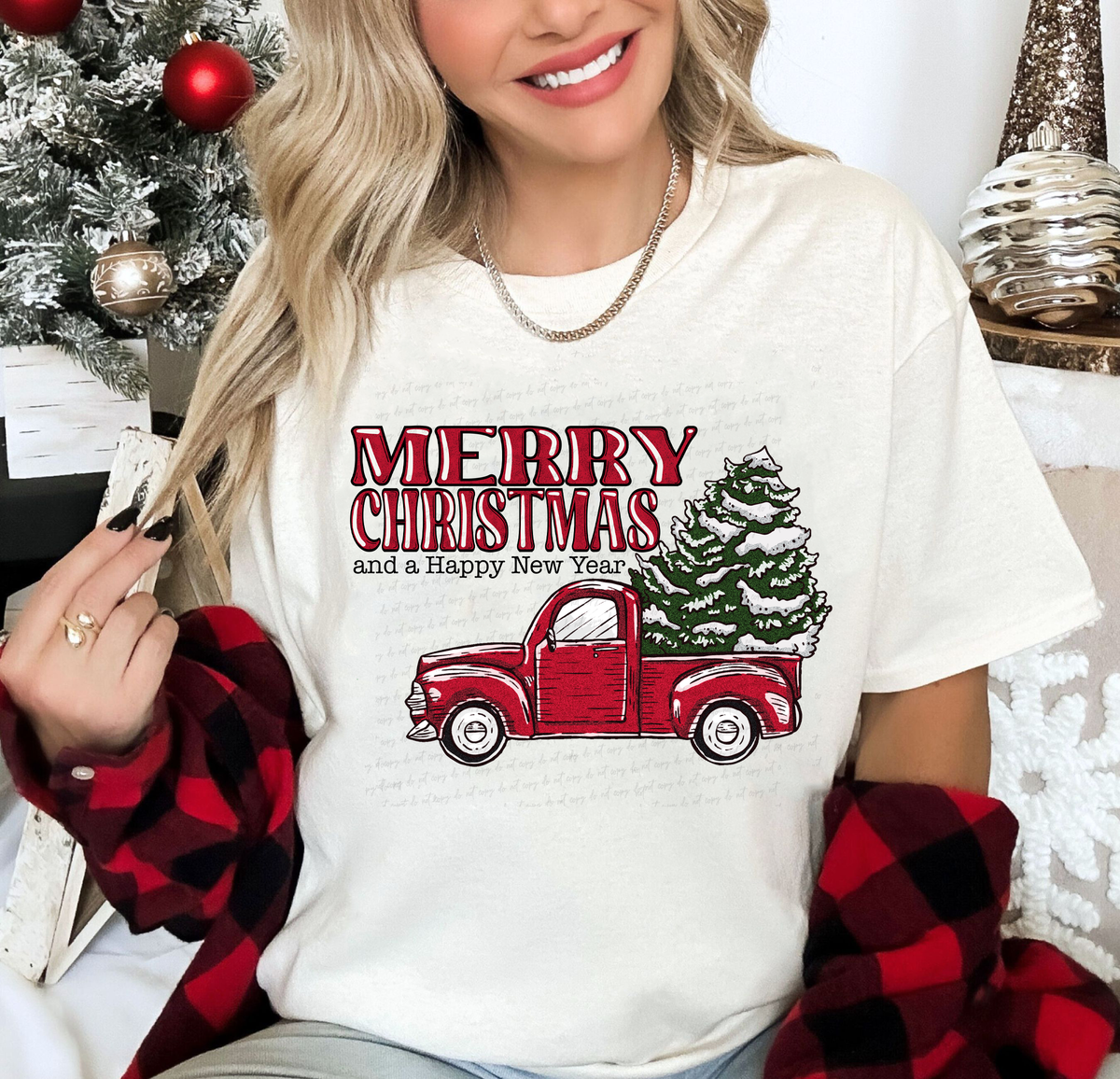 Merry Christmas and A Happy New Year Red Truck with Trees 116330 DTF Transfer