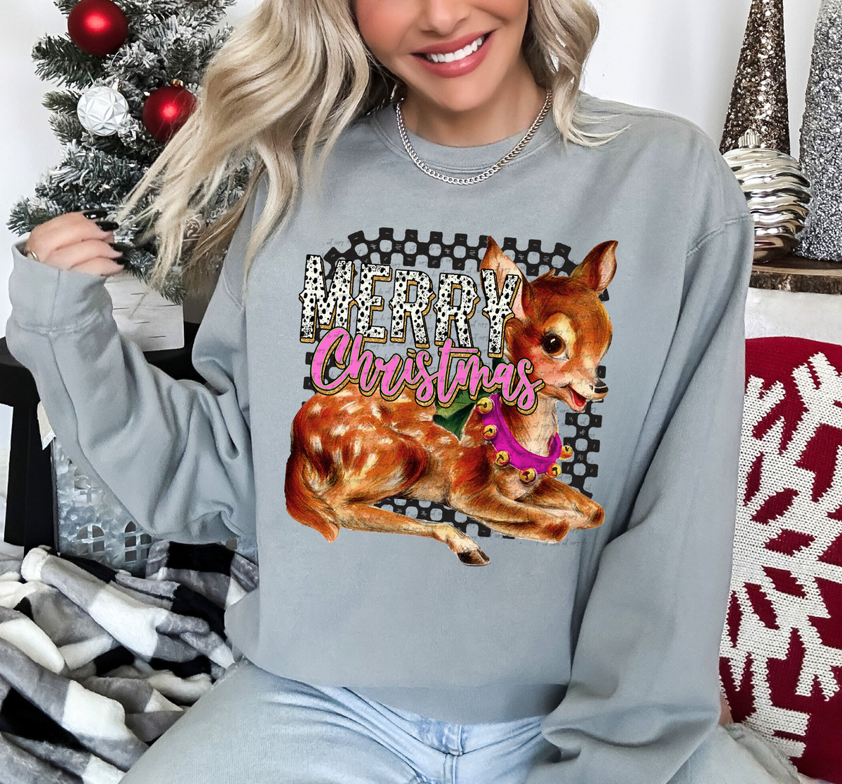 Merry Christmas Deer Checkered Pink 69409 DTF transfer