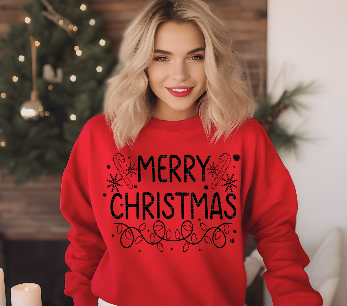 Merry Christmas fine line Candy canes and Christmas lights BLACK (Linda) DTF Transfer