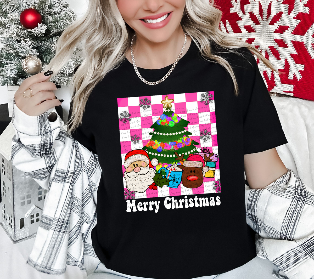 Merry Christmas Pink Checkered 42797 DTF transfer