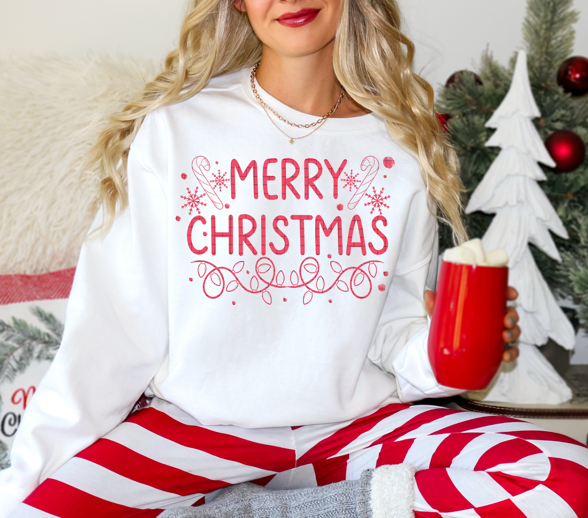 Merry Christmas fine line Candy canes and Christmas lights PINK (Linda) DTF Transfer