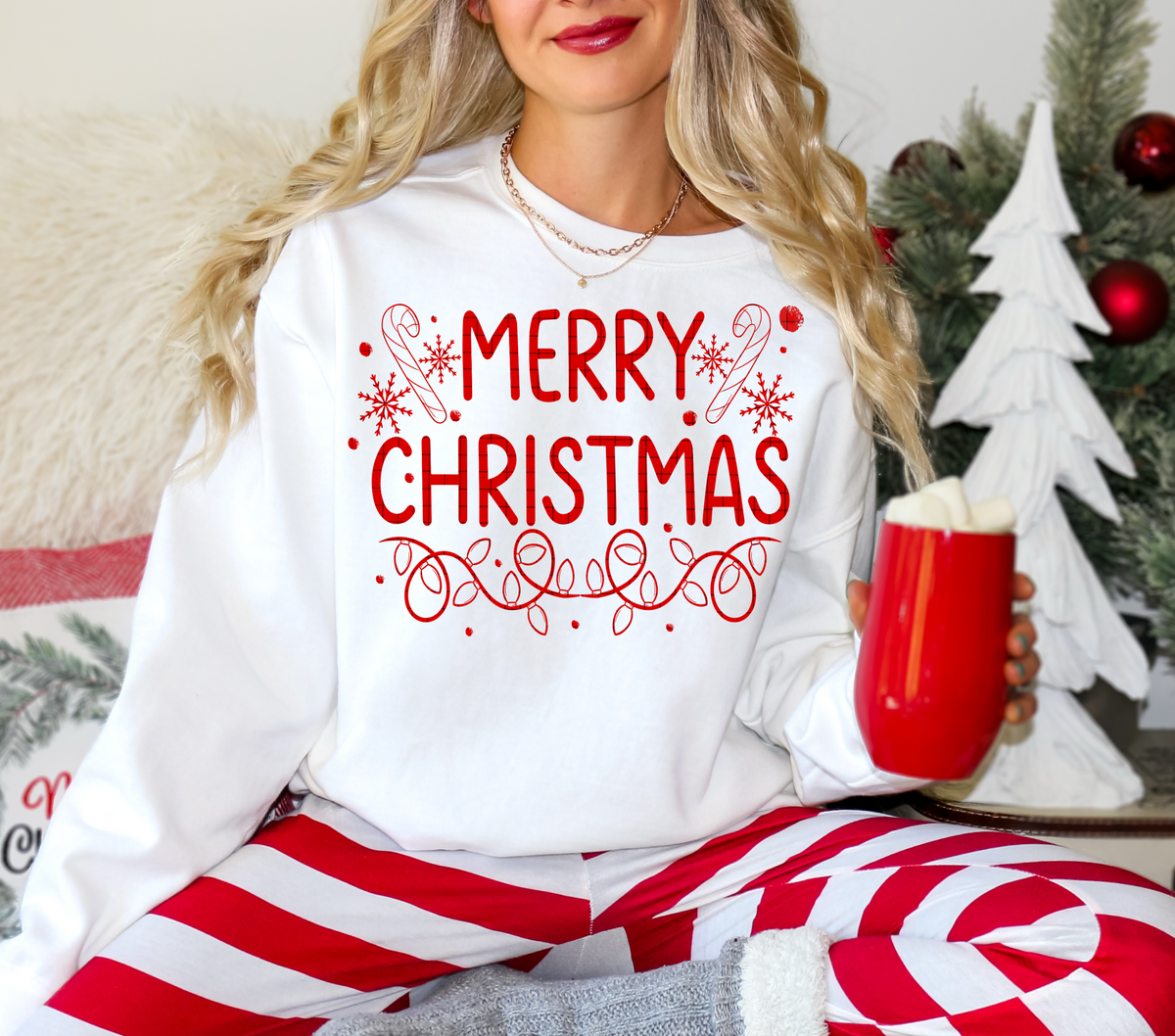 Merry Christmas fine line Candy canes and Christmas lights RED (Linda) DTF Transfer