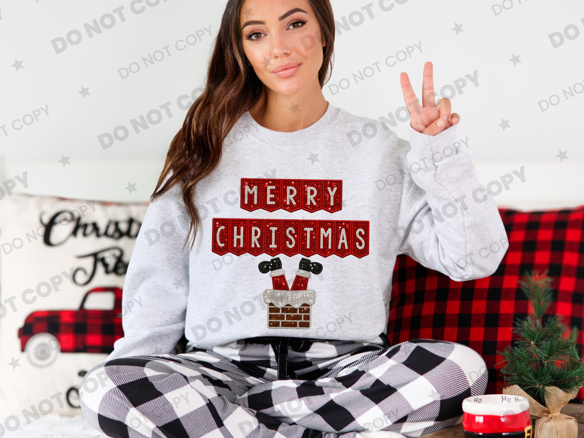 Merry Christmas Santa stuck in chimney faux sequins (HW) DTF Transfer