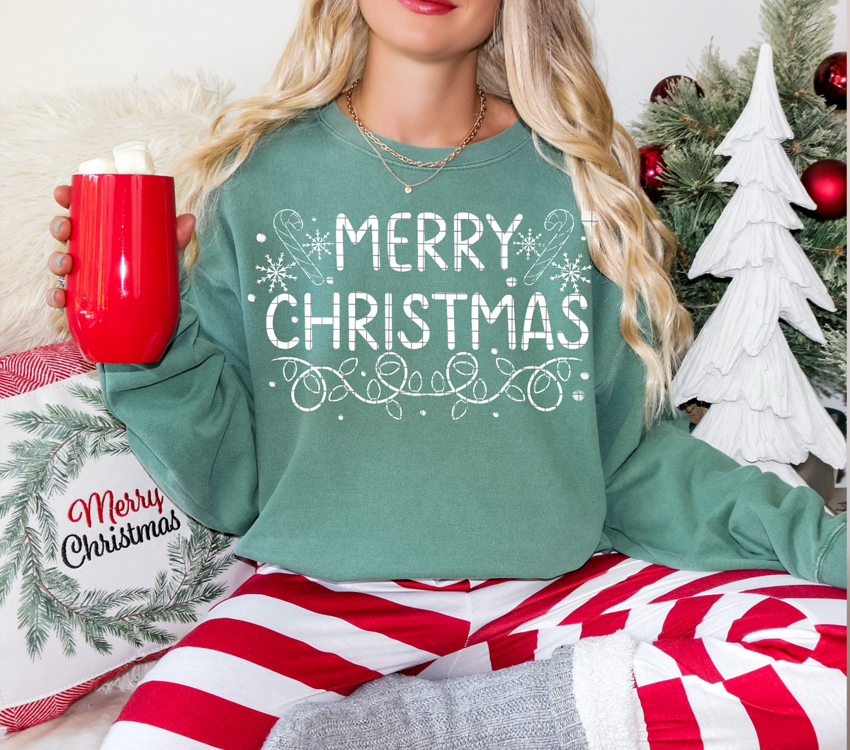 Merry Christmas fine line Candy canes and Christmas lights WHITE (Linda) DTF Transfer