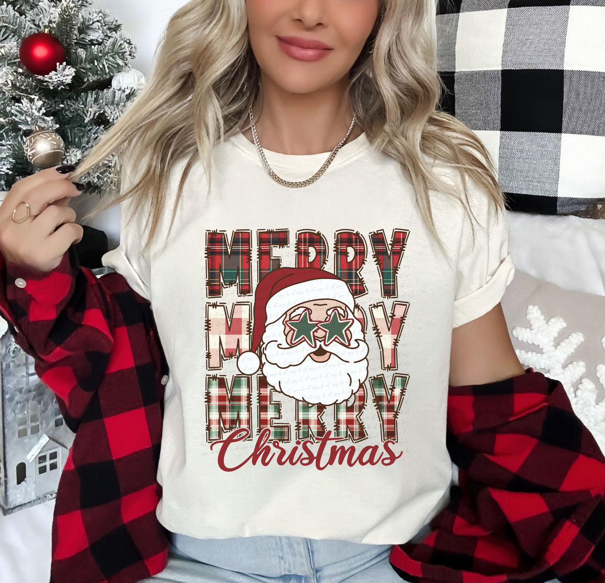 Merry Merry Merry Christmas Red Plaid Santa Head 69811 DTF transfer