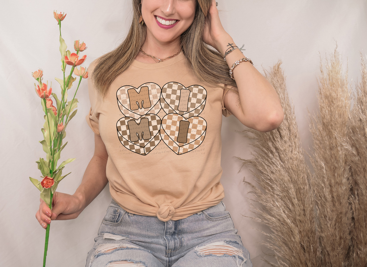 Mimi Checkered Hearts Beige 81599 DTF Transfer