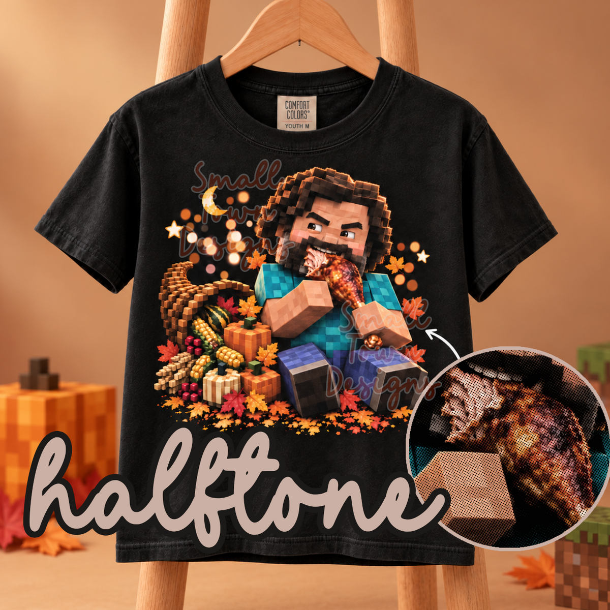 Halftone Minecraft eating turkey leg (STD) DTF transfer