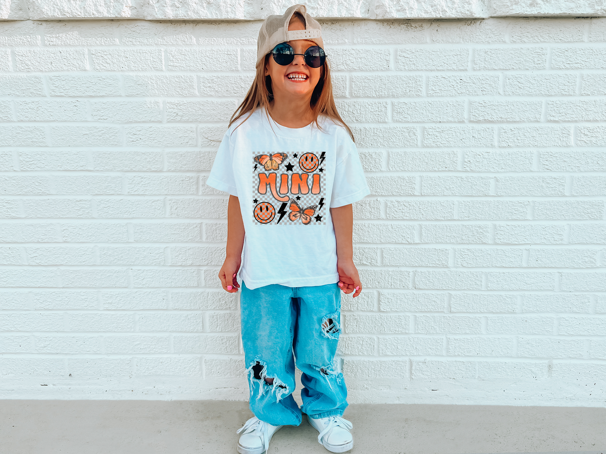 Mini Orange Font Smiley Butterflies Grey Checkered Background 116334 DTF Transfer