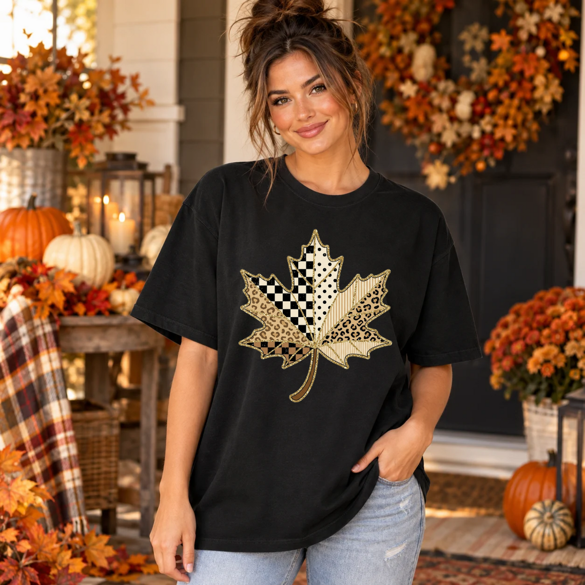 Patchwork leopard fall leaf faux glitter outline (Parker) DTF Transfer