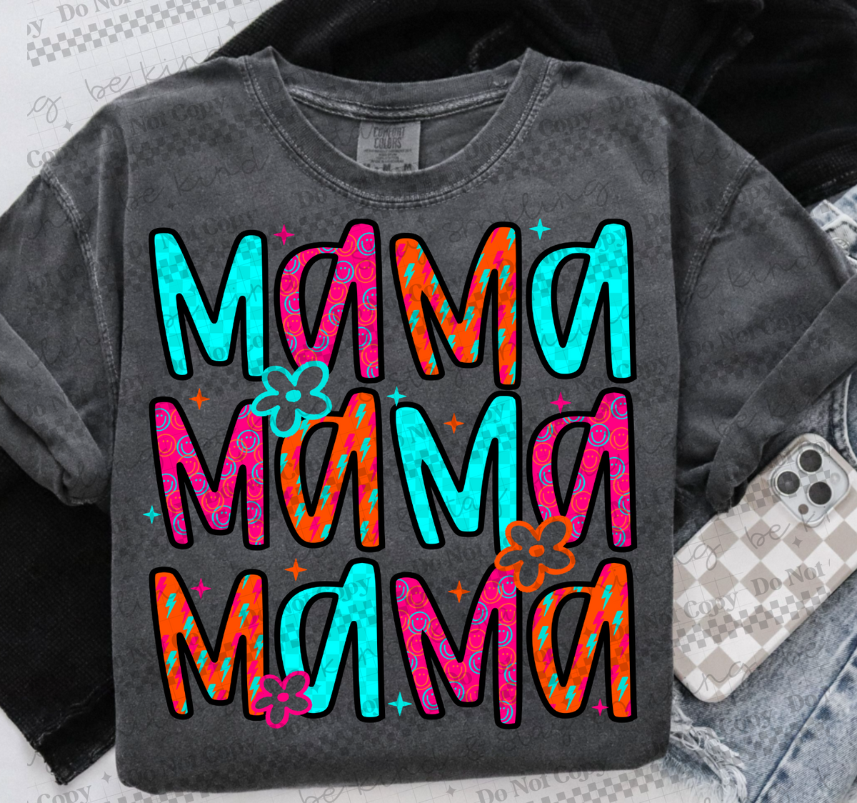 Mama stacked teal, pink and orange (two peas) DTF Transfer