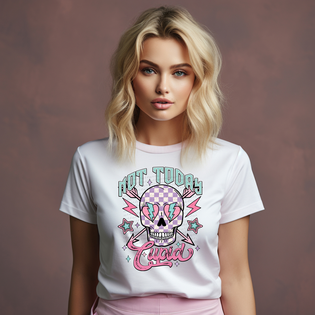 Not Today Cupid Checkered Skull Pink 81620 DTF Transfer