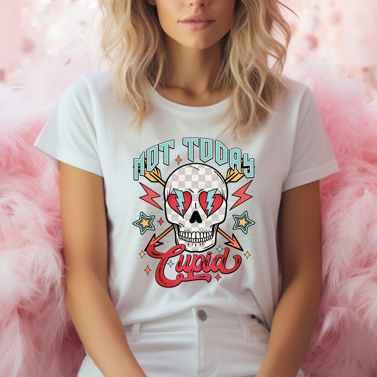 Not Today Cupid Checkered Skull Red 81621 DTF Transfer