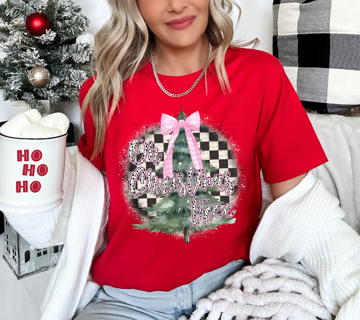 Oh Christmas Tree Round Checkered Background 69416 DTF transfer