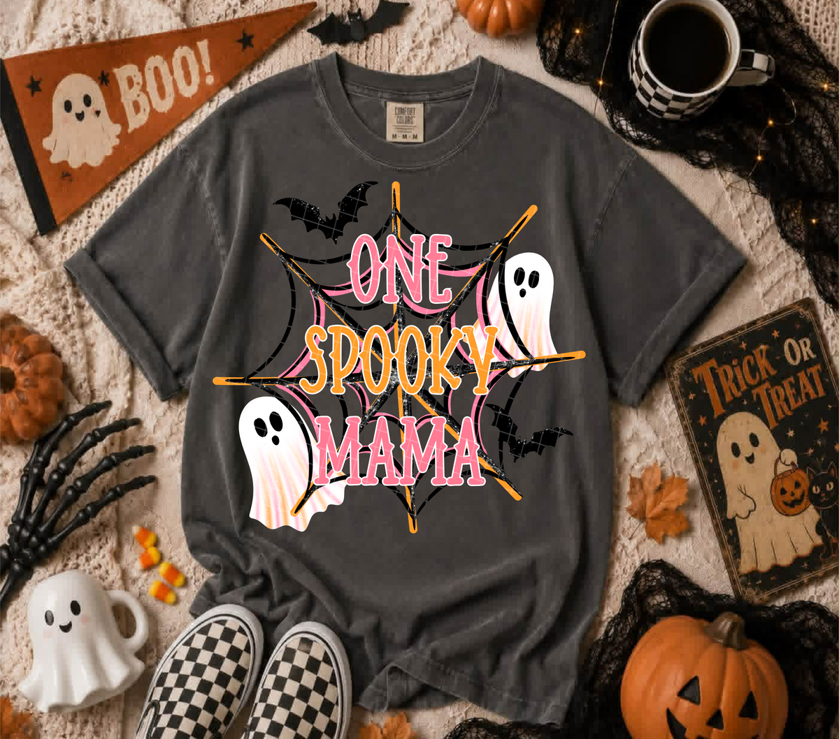 One spooky mama spiderweb pink and orange (Linda) DTF Transfer