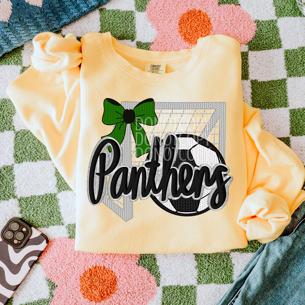panthers soccer with soccer ball, net, and green bow (CSG) DTF transfer