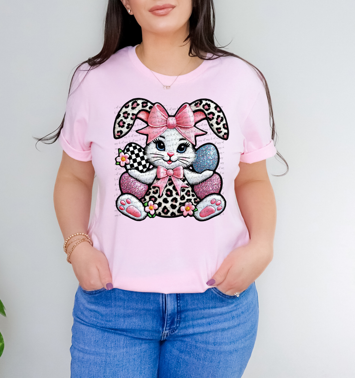 Pink Bow Bunny With Eggs Faux Embroidery 86017 DTF Transfer