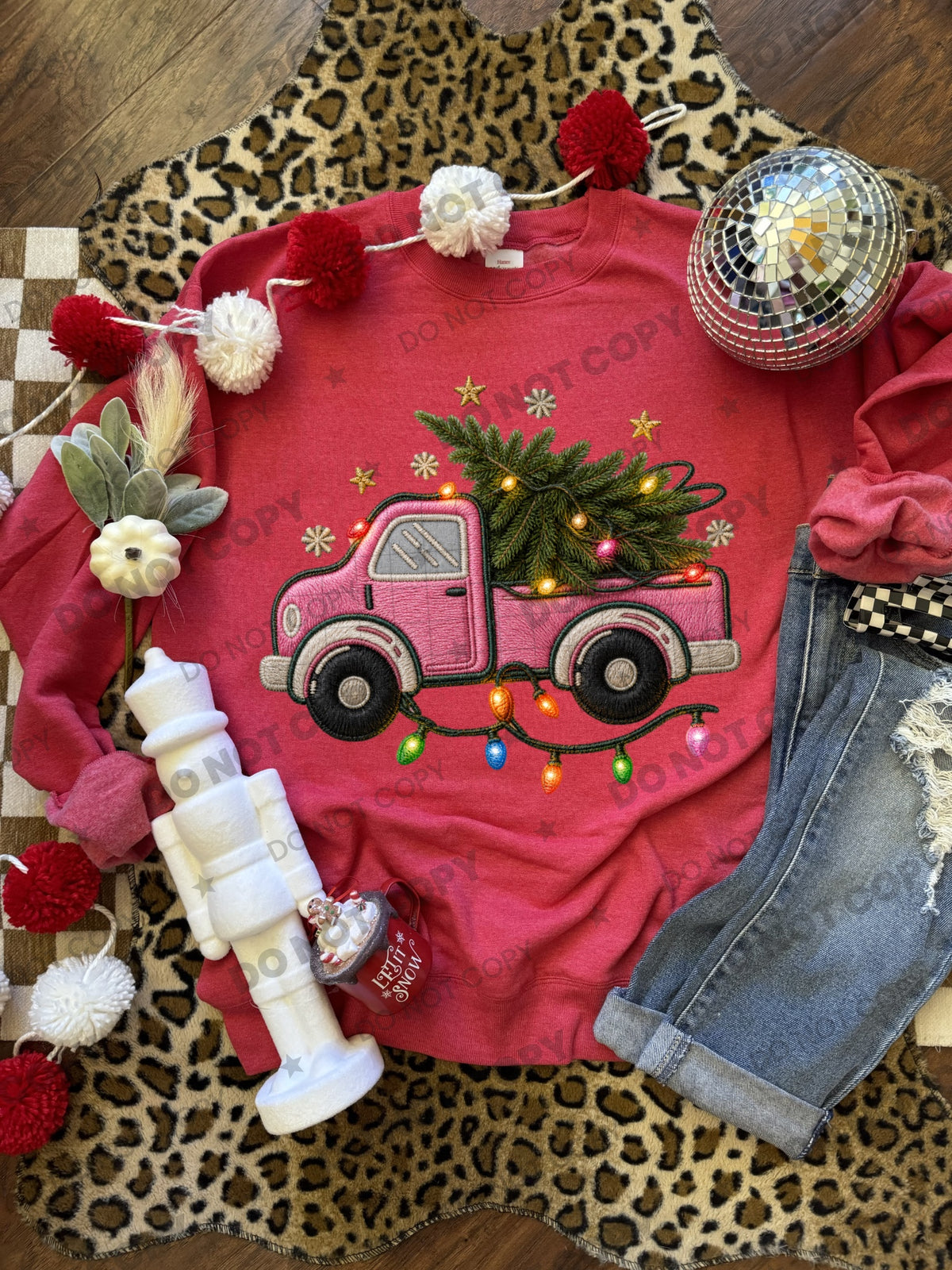 Christmas truck pink faux embroidery (HW) DTF Transfer