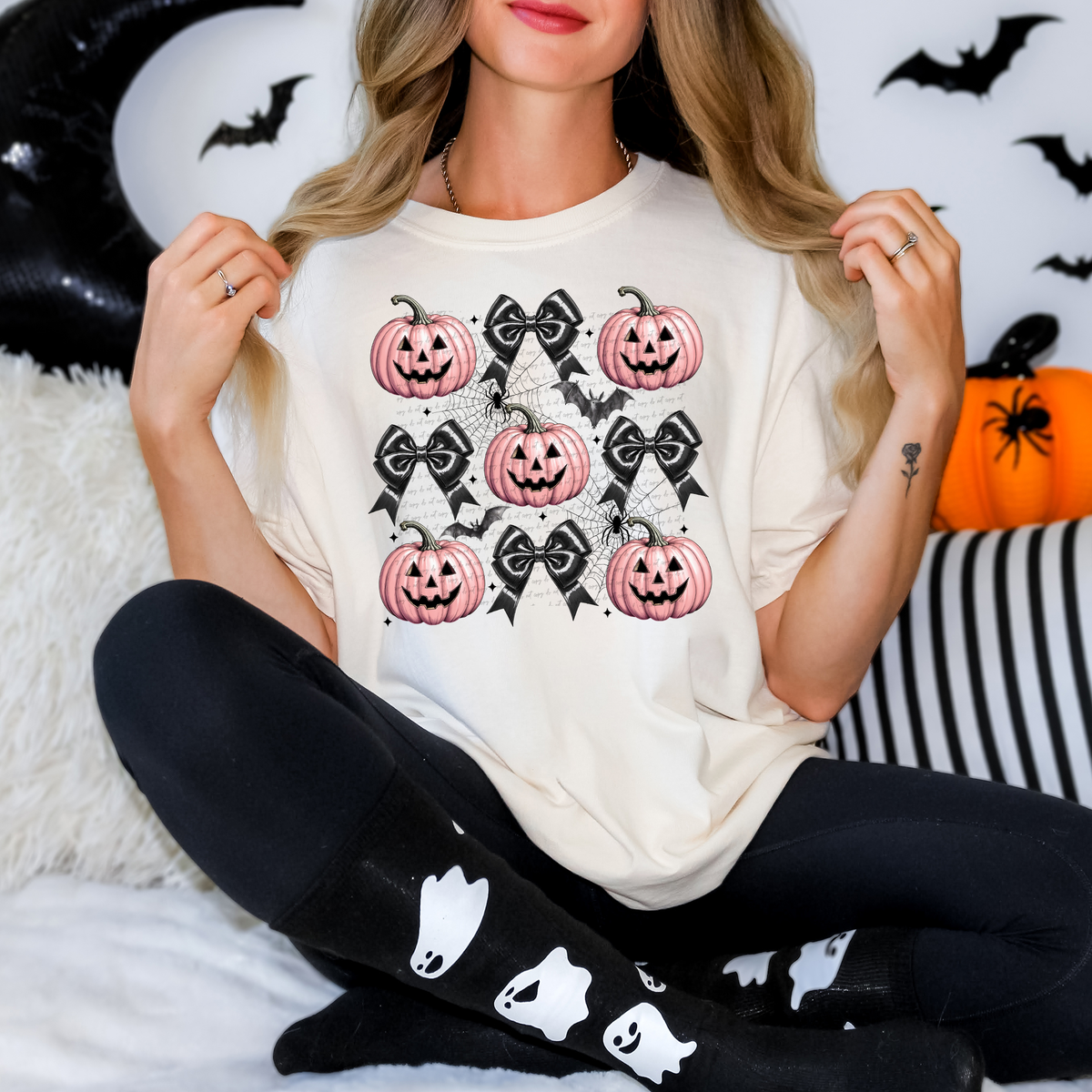 Pink Jack O Lantern Black Bow Grid 51487 DTF transfer