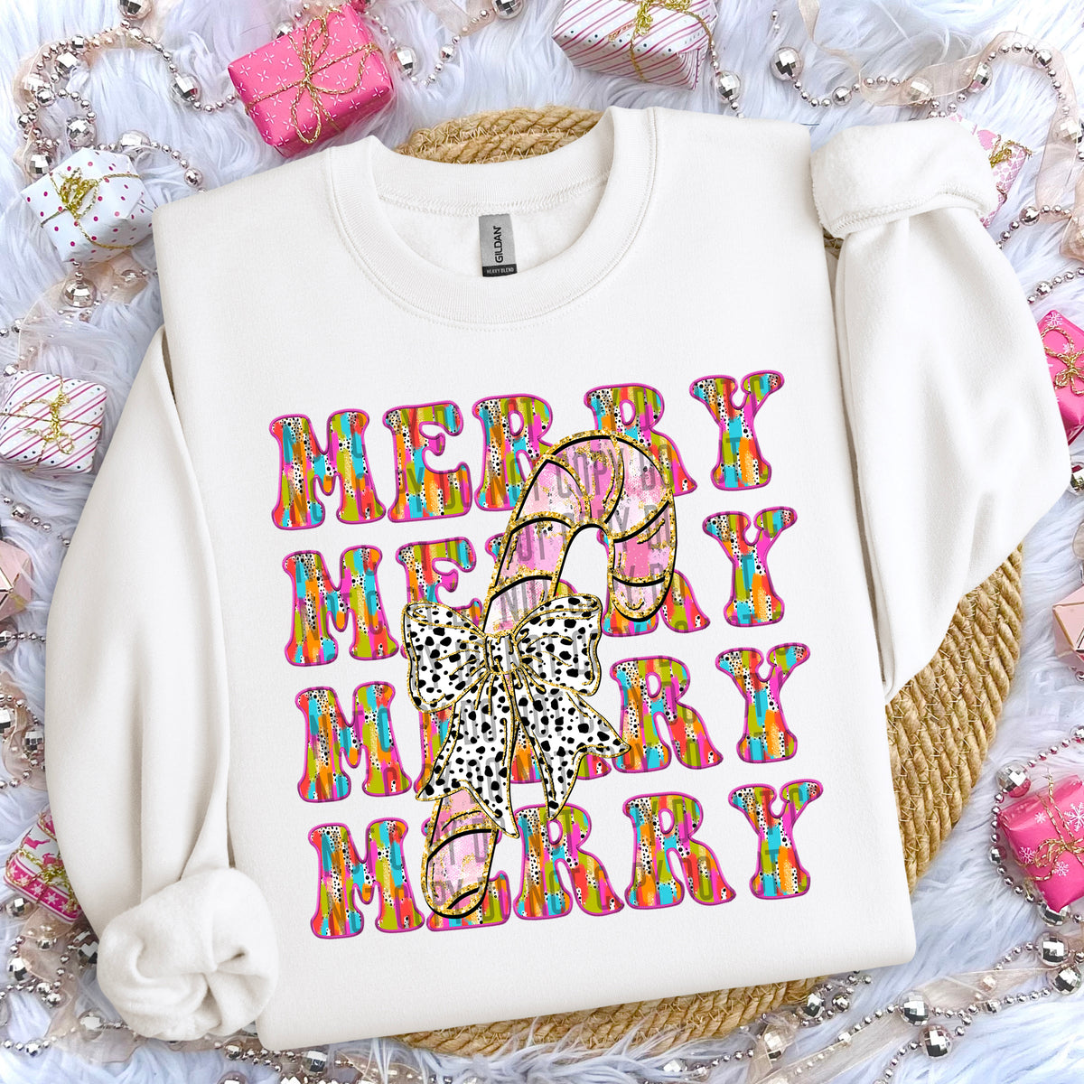 Merry Colorful Stacked Candy Cane Bow 69200 DTF transfer