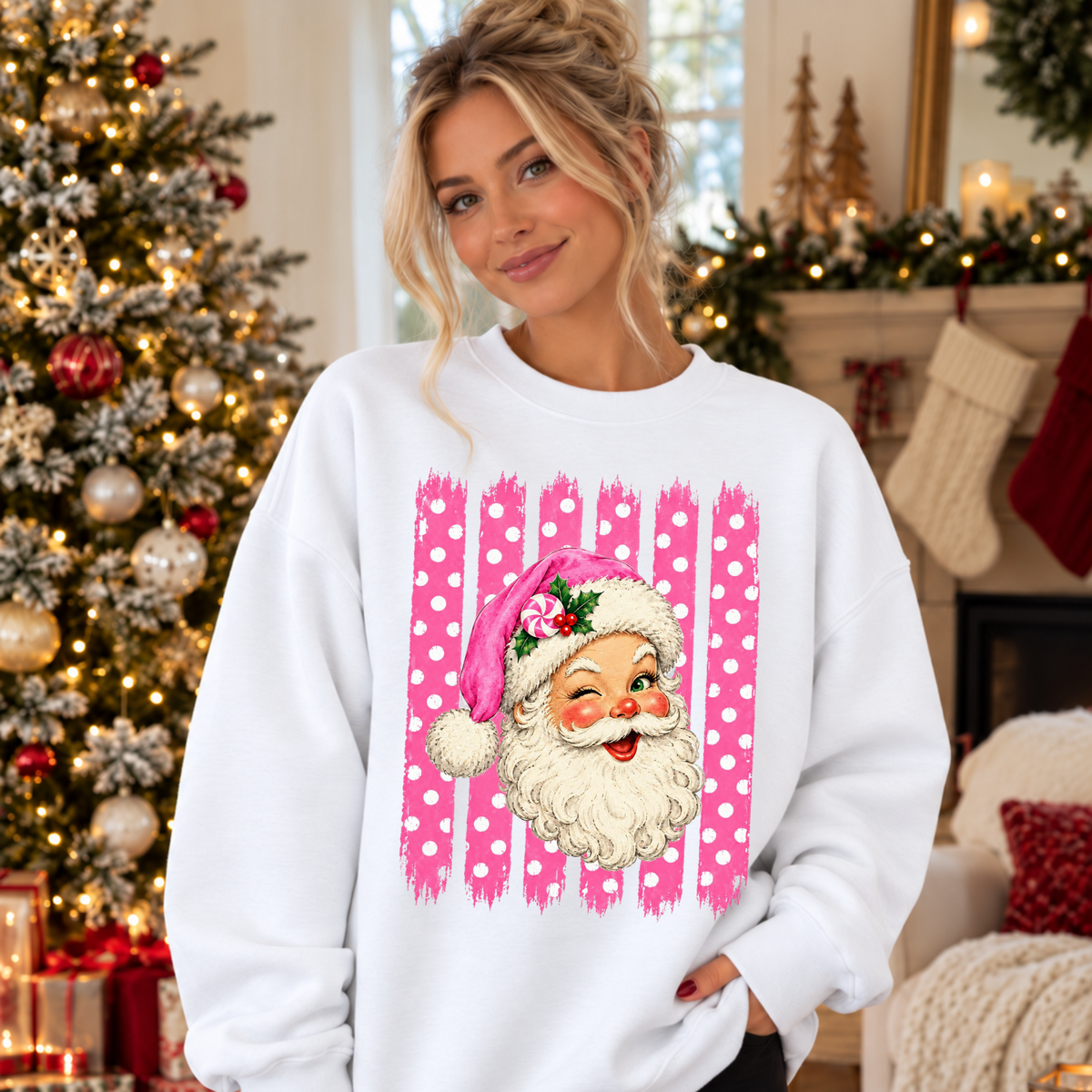 Winking Santa pink and white polkadot stripes (Parker) DTF Transfer