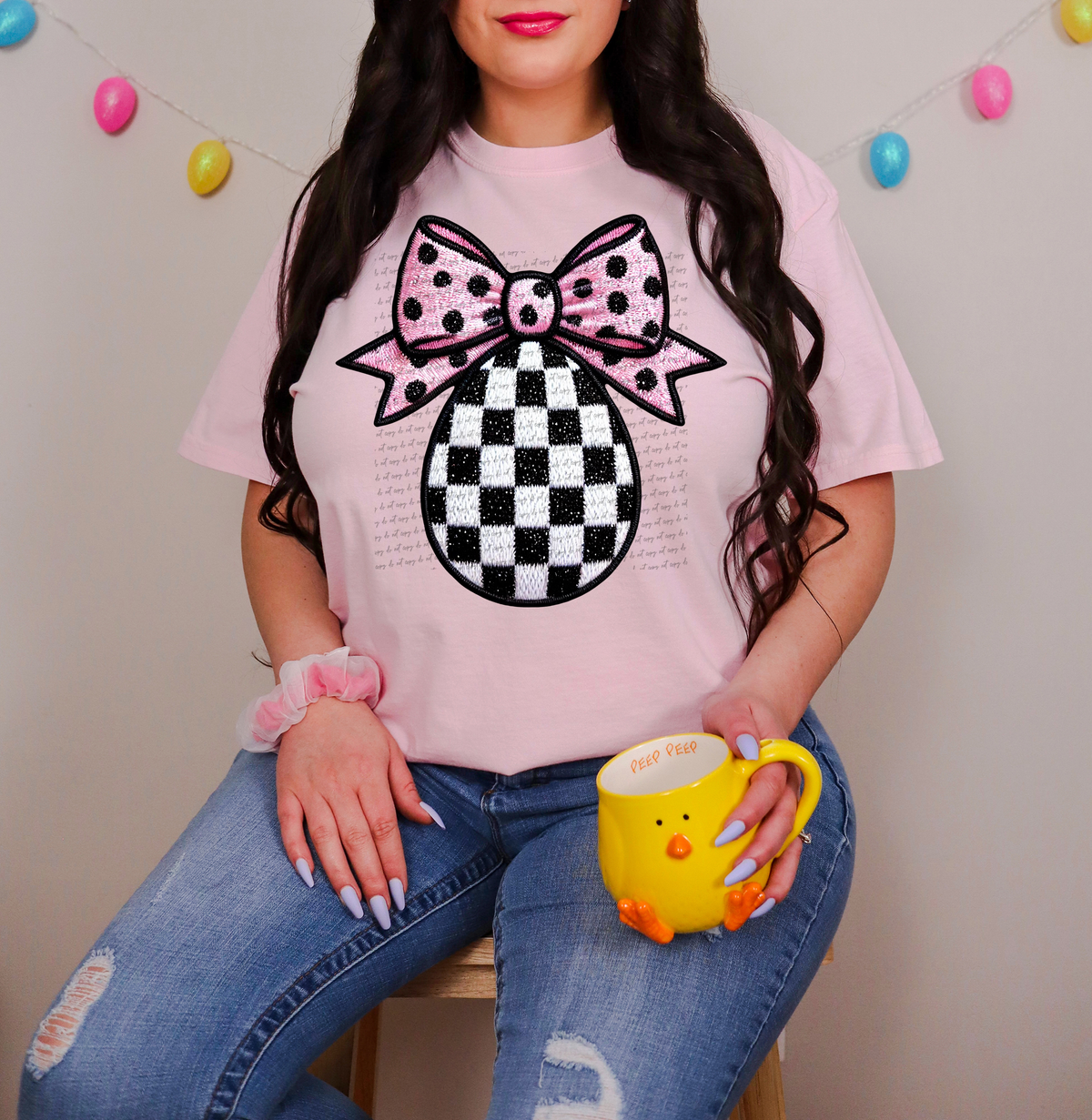 Polka Dot Bow Checkered Egg Faux Embroidery 86019 DTF Transfer