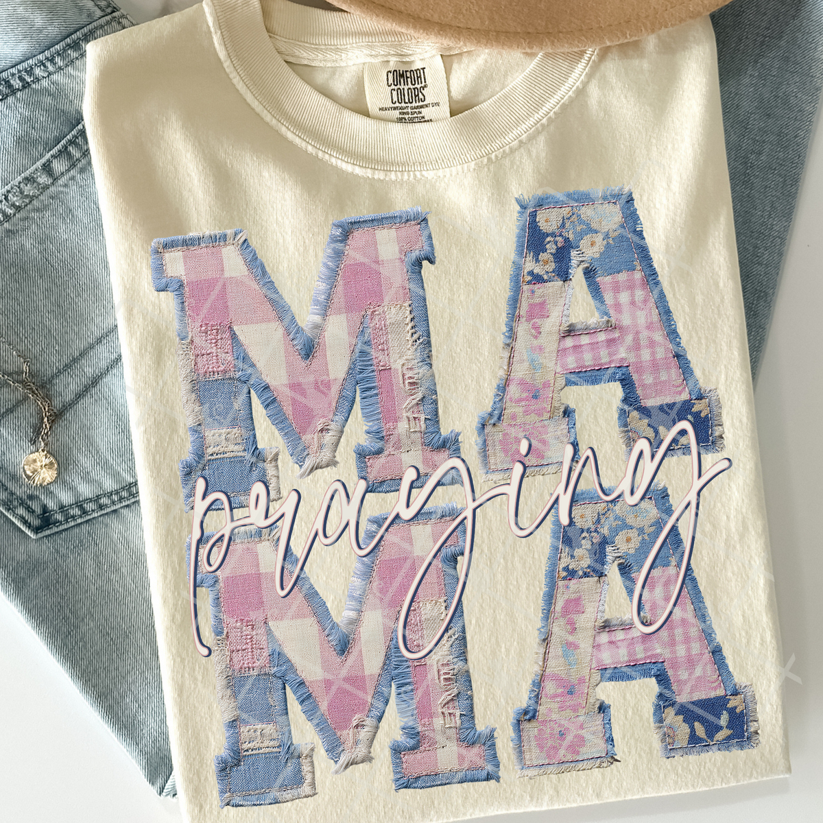 Faux pink and blue patchwork praying mama (TTD) DTF Transfer