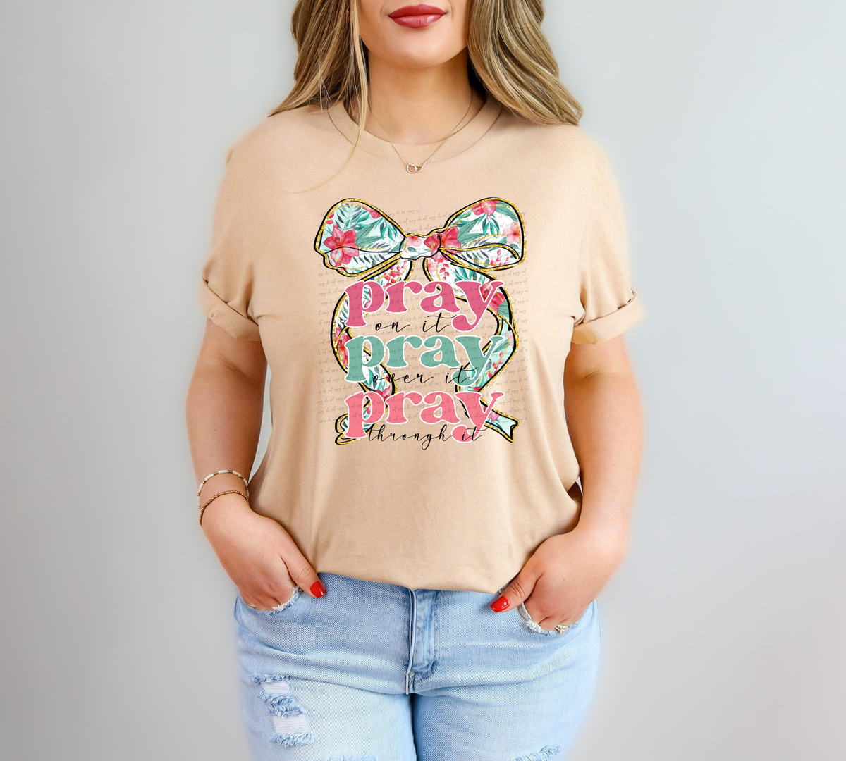 Pray On It Pray Over It Pray Through It Floral Curly Bow Black 76379 DTF Transfer