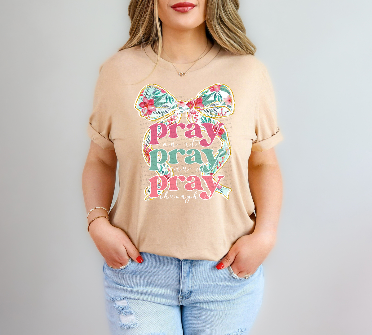 Pray On It Pray Over It Pray Through It Floral Curly Bow White 76380 DTF Transfer
