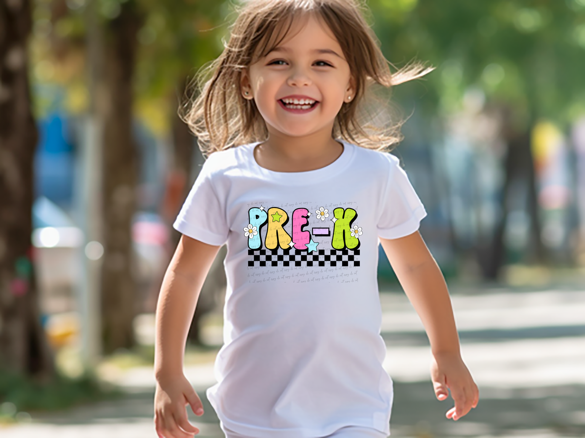 Pre-K Groovy Checkered Floral And Stars 108730 DTF transfer