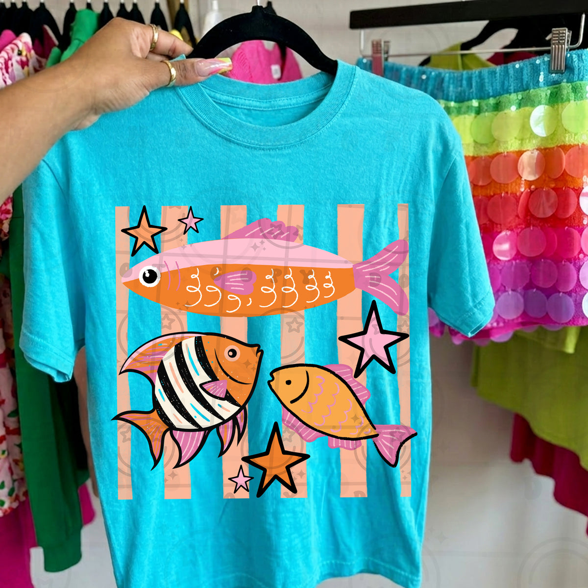 3 fish PINK and ORANGE stipes (HW) DTF Transfer