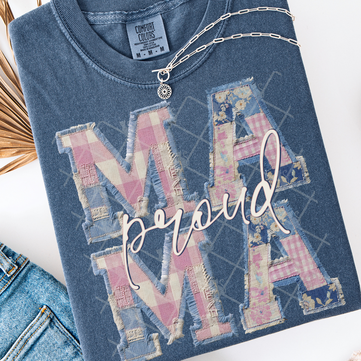 Faux pink and blue patchwork proud mama (TTD) DTF Transfer
