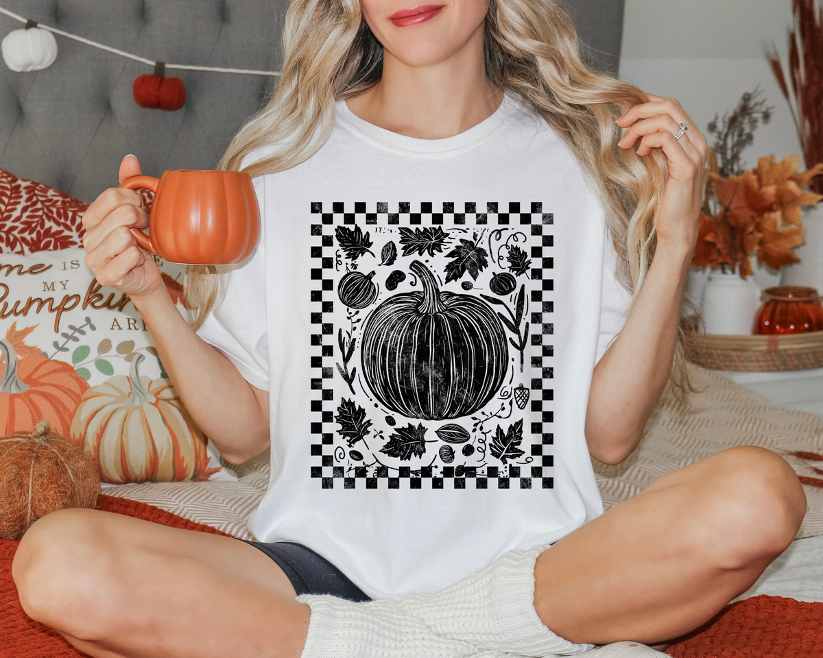 Pumpkin Floral Checkered Background Black 108917 DTF transfer