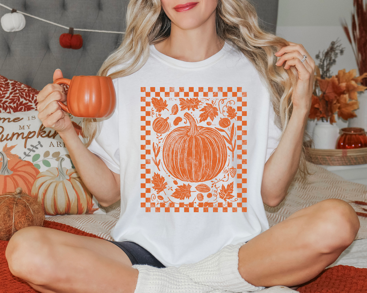 Pumpkin Floral Checkered Background Orange 108918 DTF transfer