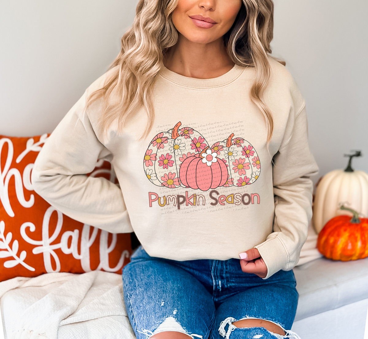 Pumpkin Season Pink White Florals 63106 DTF transfer