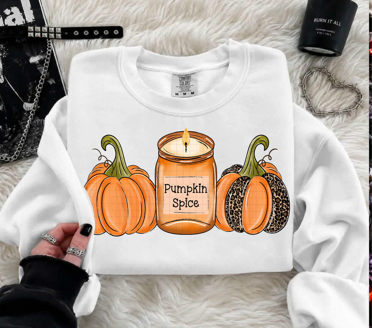 Pumpkin spice candle and pumpkins (Linda) DTF Transfer