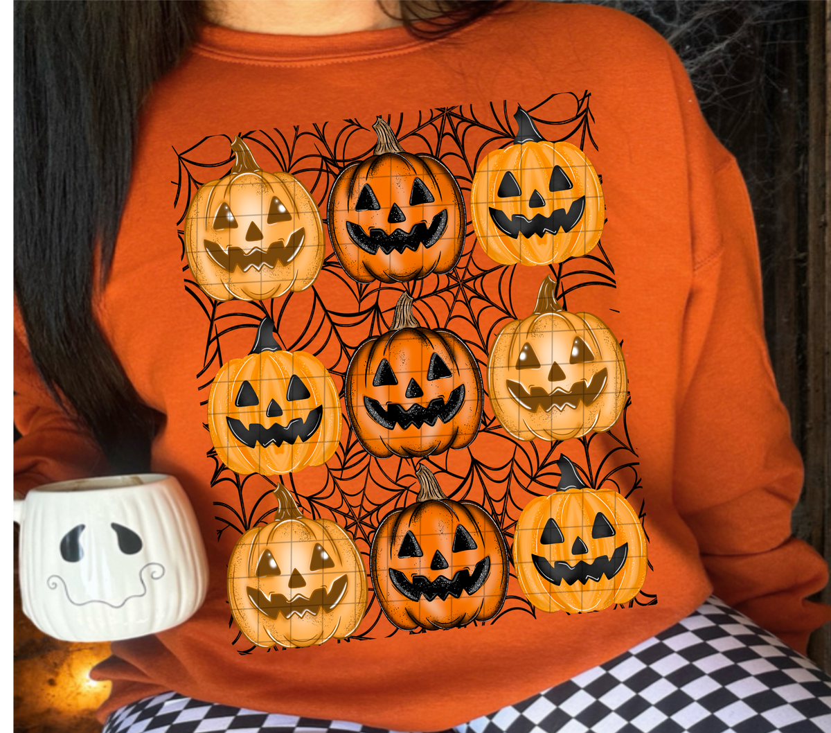 Jack o lantern orange spiderweb grid (Linda) DTF Transfer