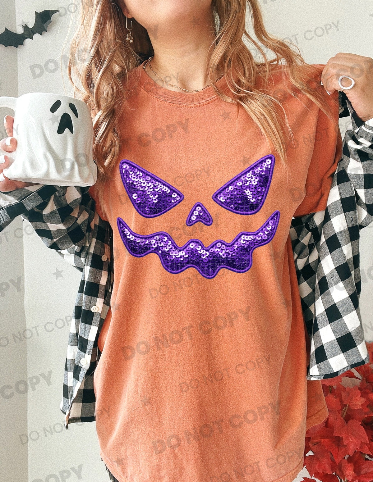 Jack o lantern face purple faux sequins (HW) DTF Transfer