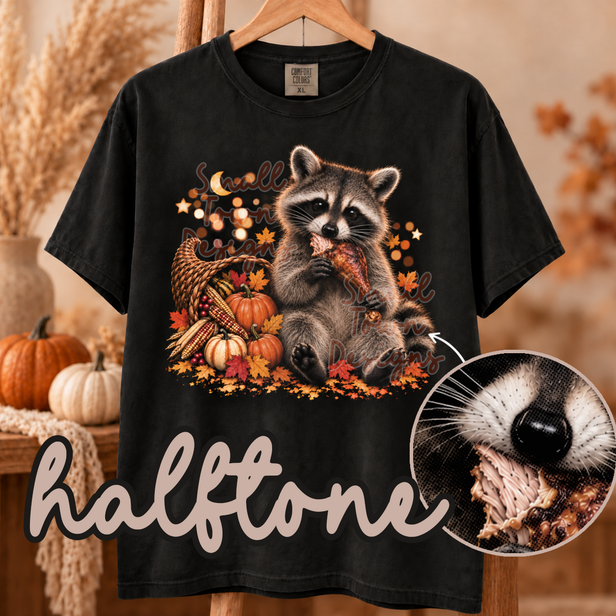 Halftone racoon eating turkey leg (STD) DTF transfer